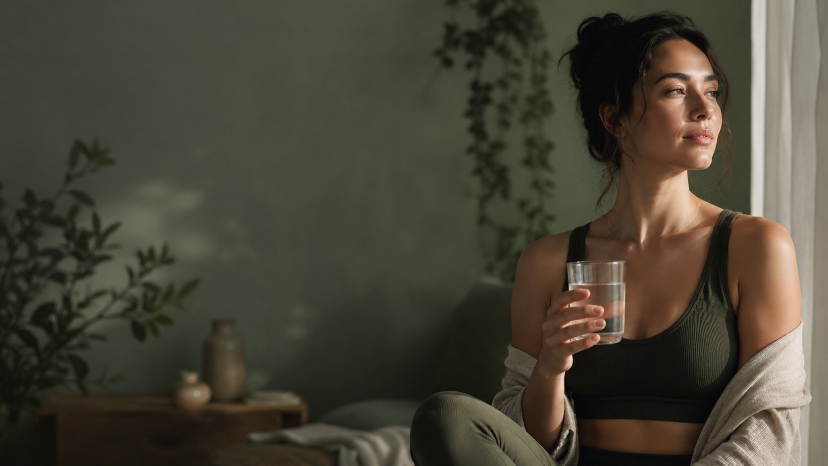 Woman holding water during wellness routine