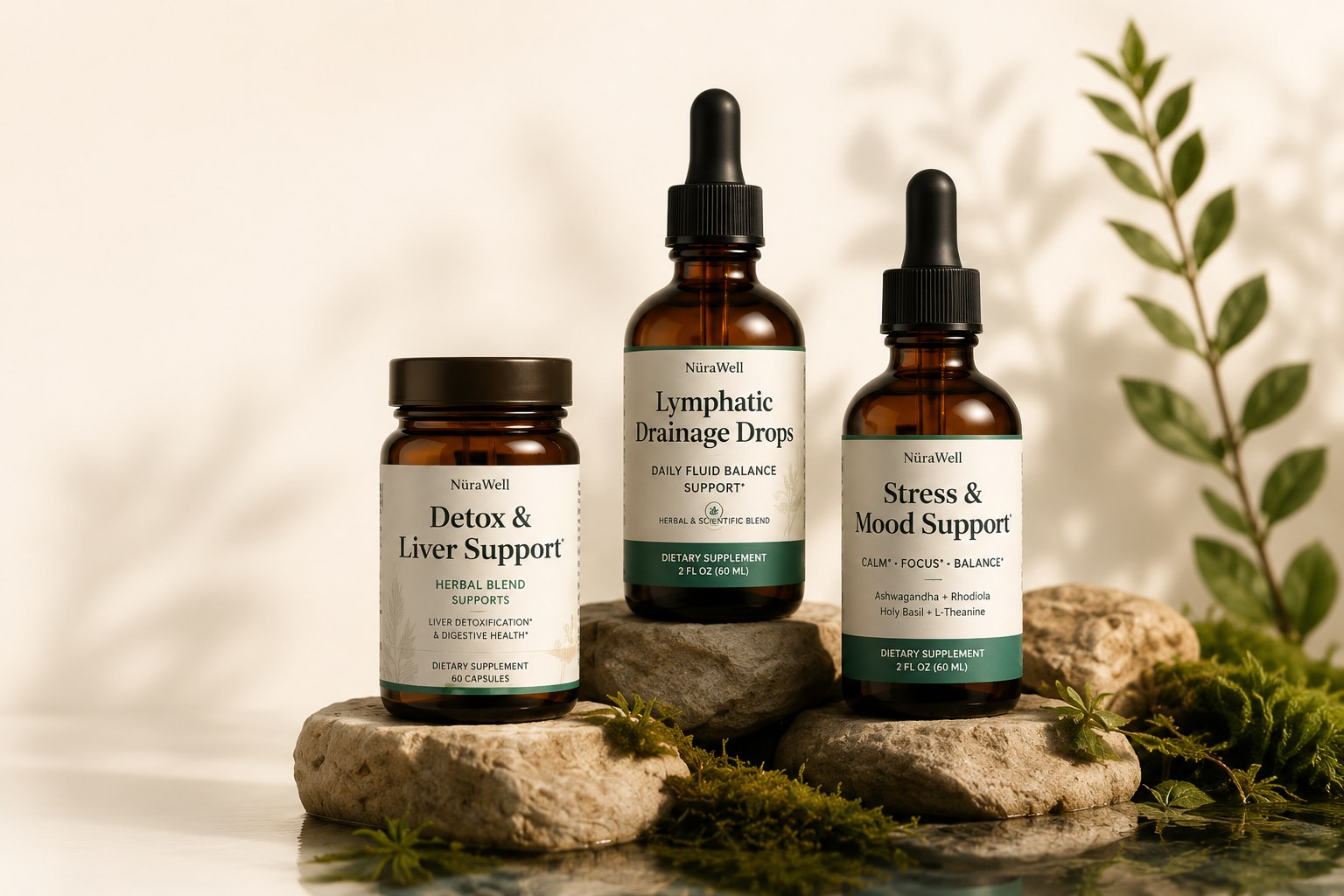 NüraWell herbal supplement bottles with natural botanical styling