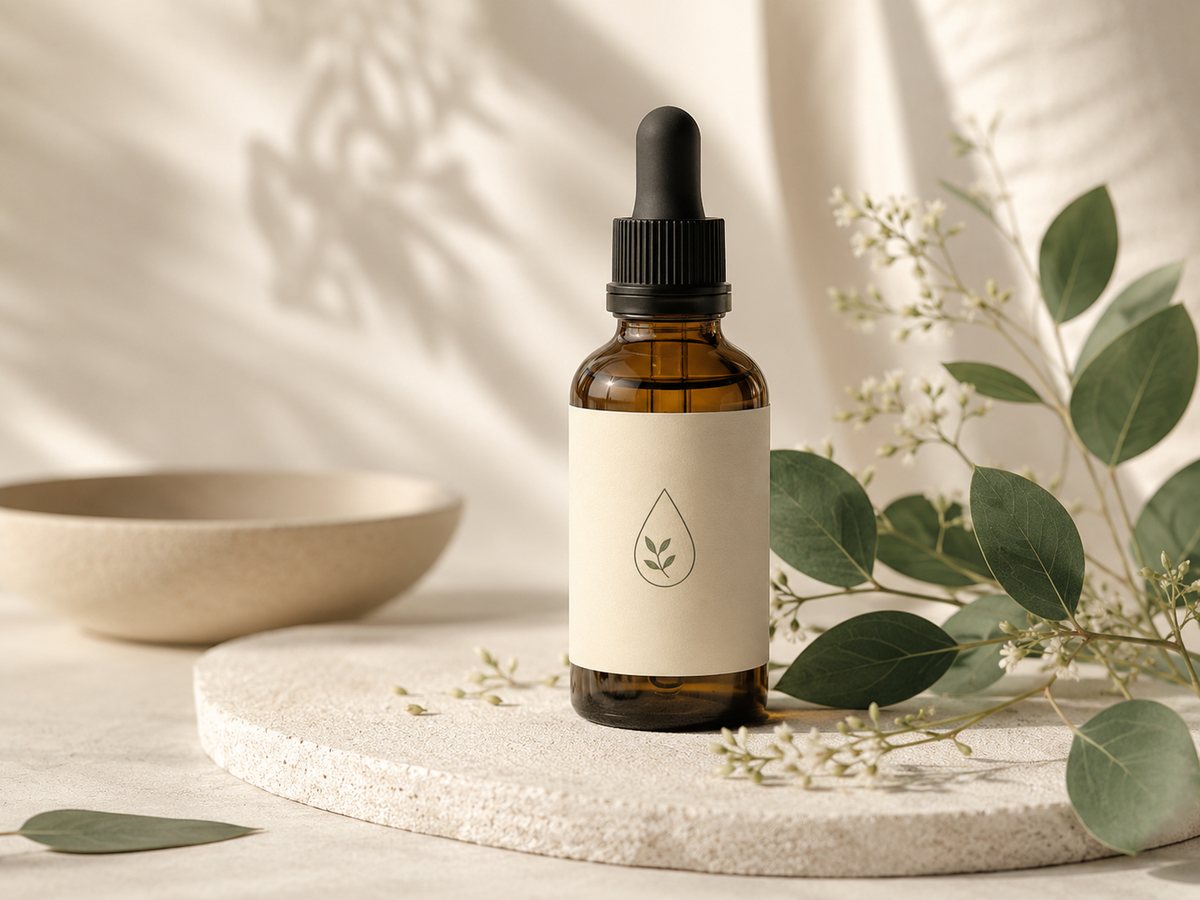 Amber herbal dropper bottle with botanical accents
