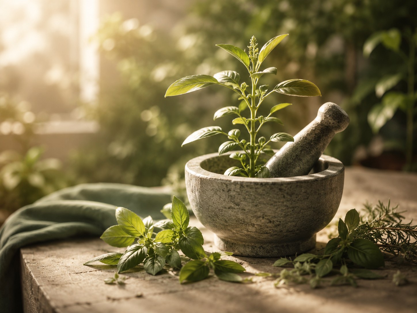 Fresh herbs in a stone mortar and pestle with warm natural light